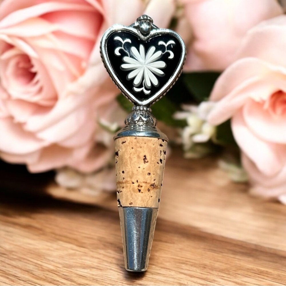 Brighton Heart Wine Stopper Silver Floral Cork Bottle Stopper 4” Signature Heart